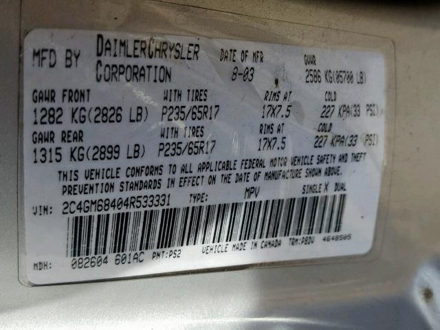 2C4GM68404R533331 - 2004 CHRYSLER PACIFICA SILVER photo 10