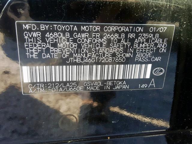 JTHBJ46G172087650 - 2007 LEXUS ES BLACK photo 10