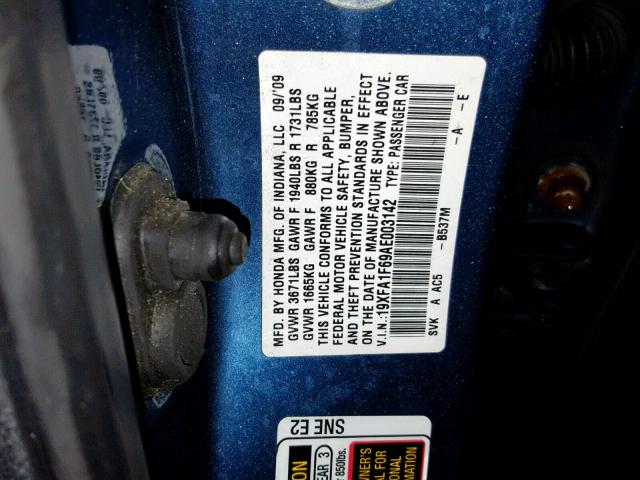 19XFA1F69AE003142 - 2010 HONDA CIVIC LX-S Mavi foto 10