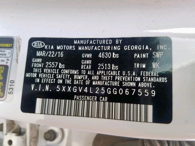 5XXGV4L25GG067559 - 2016 KIA OPTIMA SXL WHITE photo 10