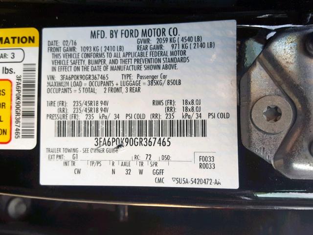 3FA6P0K90GR367465 - 2016 FORD FUSION TIT BLACK photo 10