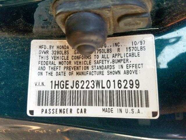 1HGEJ6223WL016299 - 1998 HONDA CIVIC DX TEAL photo 10