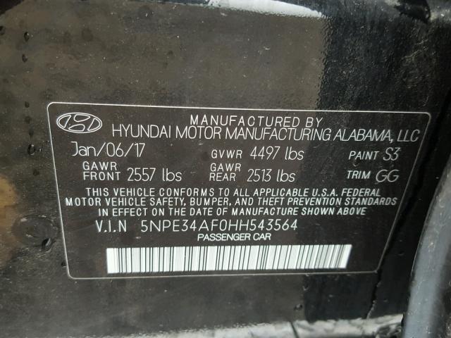 5NPE34AF0HH543564 - 2017 HYUNDAI SONATA SPO BLACK photo 10