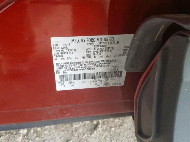 2FMTK3J87FBC06948 - 2015 FORD EDGE SEL RED photo 10