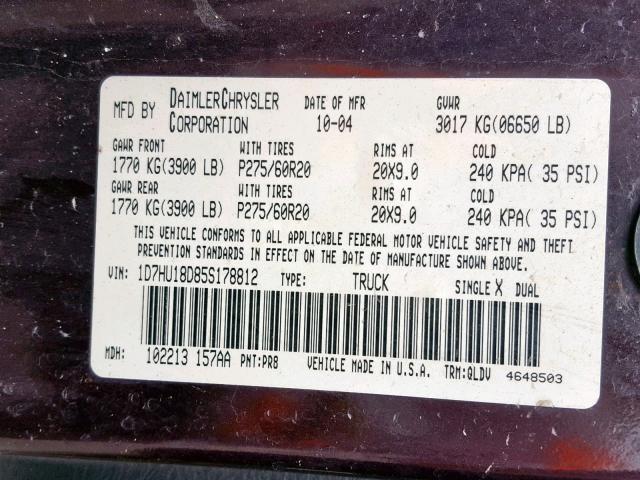 1D7HU18D85S178812 - 2005 DODGE RAM 1500 S BURGUNDY photo 10