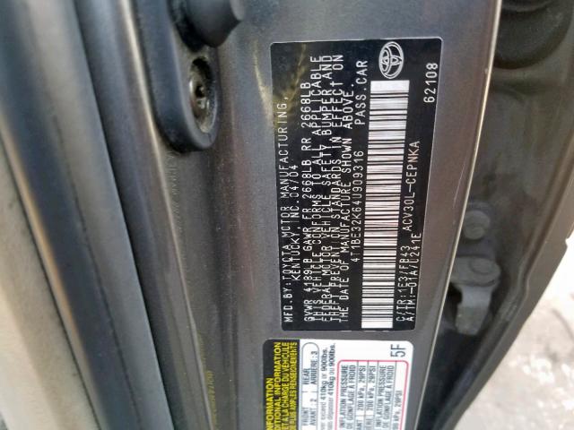 4T1BE32K64U909316 - 2004 TOYOTA CAMRY LE GRAY photo 10