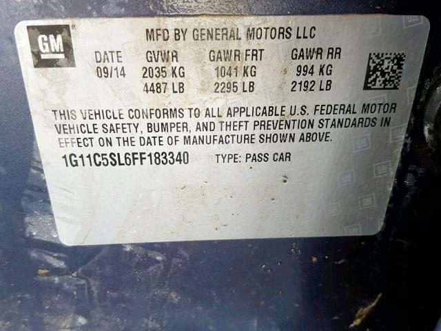 1G11C5SL6FF183340 - 2015 CHEVROLET MALIBU 1LT 蓝色 照片 10