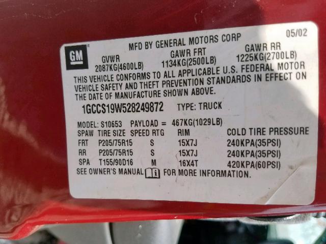 1GCCS19W528249872 - 2002 CHEVROLET S TRUCK S1 RED photo 10