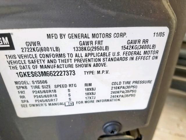 1GKES63M662227373 - 2006 GMC ENVOY DENA GRAY photo 10