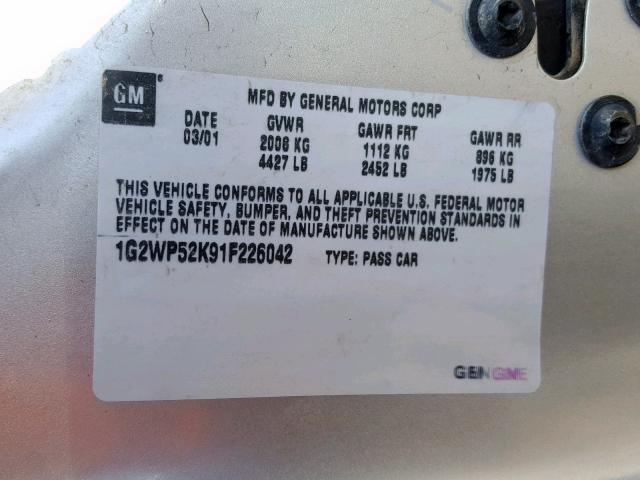 1G2WP52K91F226042 - 2001 PONTIAC GRAND PRIX SILVER photo 10