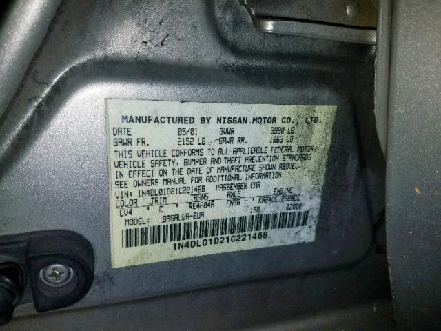 1N4DL01D21C221468 - 2001 NISSAN ALTIMA XE GOLD photo 10