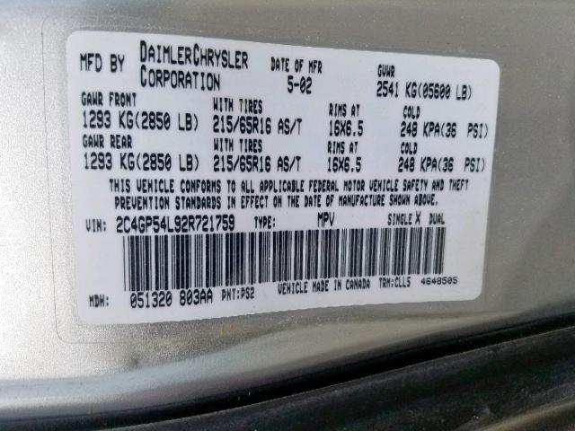 2C4GP54L92R721759 - 2002 CHRYSLER TOWN & COU SILVER photo 10