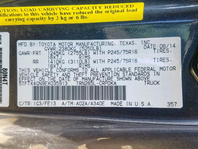 5TFTX4GN9EX035913 - 2014 TOYOTA TACOMA PRE GRAY photo 10