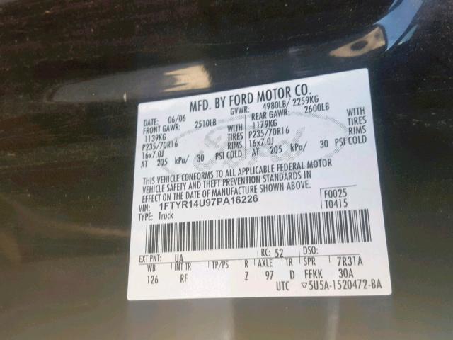 1FTYR14U97PA16226 - 2007 FORD RANGER SUP BLACK photo 10