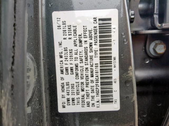 1HGCP2F88CA181169 - 2012 HONDA ACCORD EXL GRAY photo 10