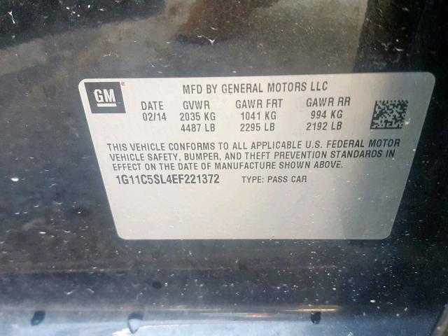 1G11C5SL4EF221372 - 2014 CHEVROLET MALIBU 1LT 黑色 照片 10