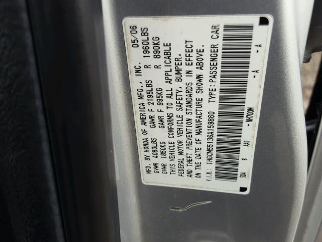 1HGCM55136A159860 - 2006 HONDA ACCORD VAL SILVER photo 10