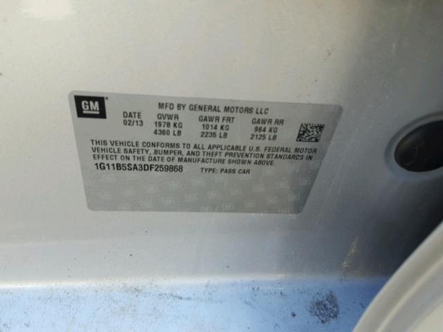 1G11B5SA3DF259868 - 2013 CHEVROLET MALIBU LS 银色 照片 10