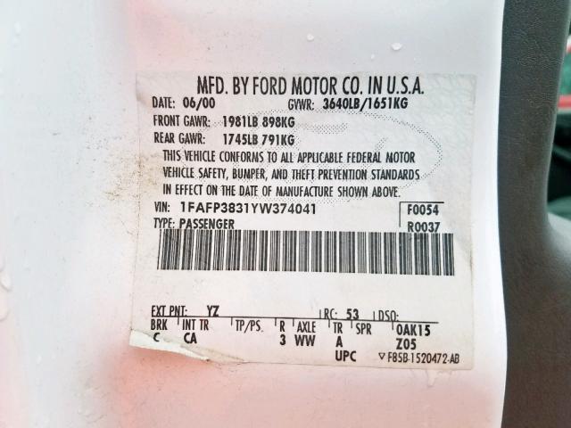 1FAFP3831YW374041 - 2000 FORD FOCUS ZTS WHITE photo 10
