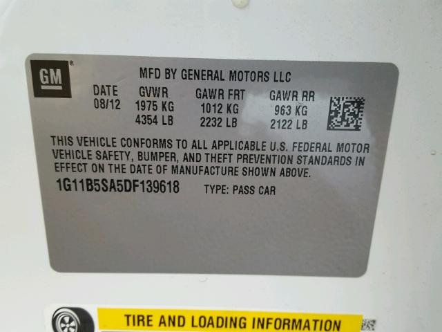 1G11B5SA5DF139618 - 2013 CHEVROLET MALIBU LS 白色 照片 10