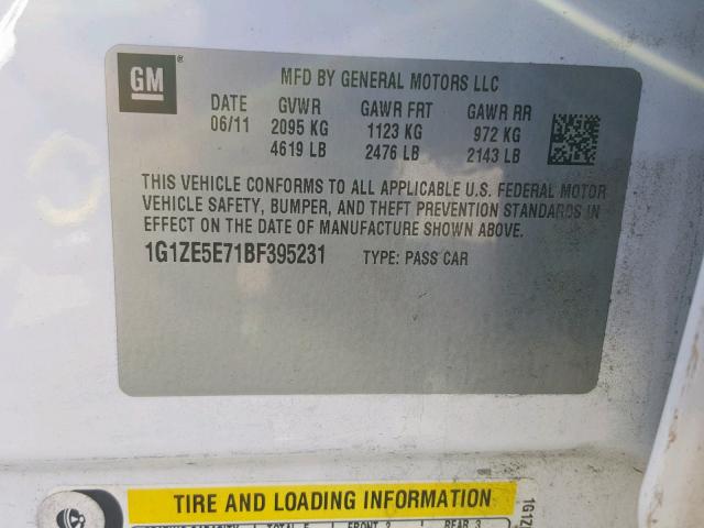 1G1ZE5E71BF395231 - 2011 CHEVROLET MALIBU LTZ თეთრი ფოტო 10