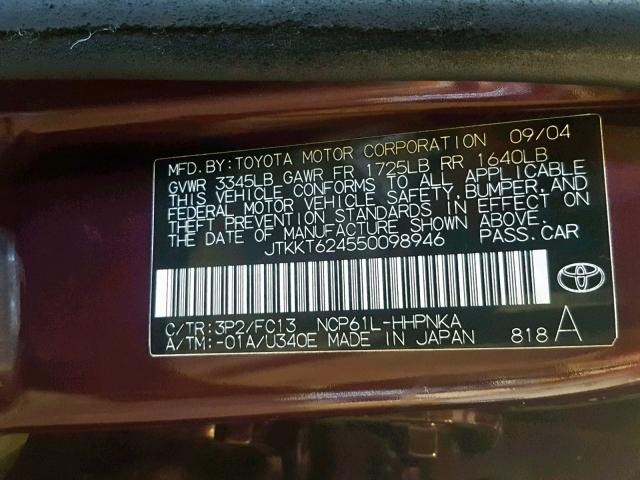 JTKKT624550098946 - 2005 TOYOTA SCION XA BURGUNDY photo 10