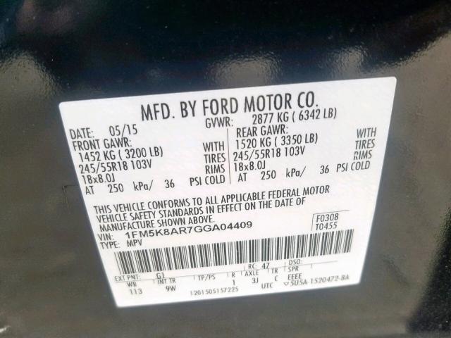 1FM5K8AR7GGA04409 - 2016 FORD EXPLORER P BLACK photo 10