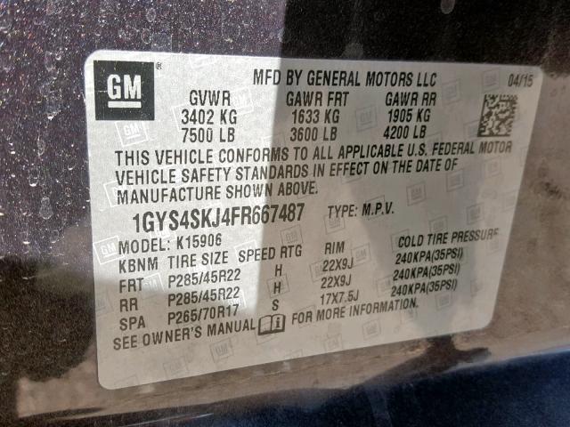 1GYS4SKJ4FR667487 - 2015 CADILLAC ESCALADE E CHARCOAL photo 10