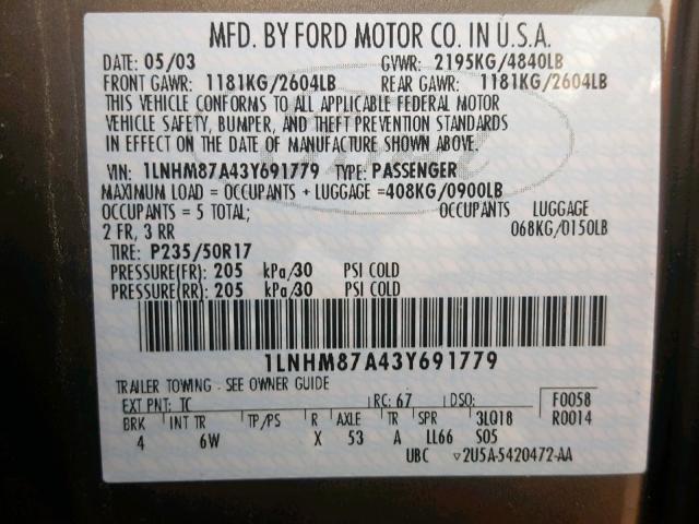 1LNHM87A43Y691779 - 2003 LINCOLN LS 棕色 照片 10