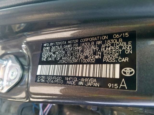 JTDKDTB39F1100932 - 2015 TOYOTA PRIUS C GRAY photo 10