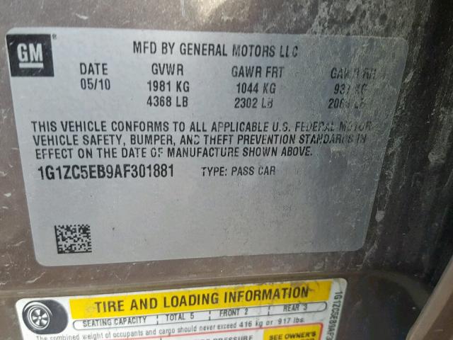 1G1ZC5EB9AF301881 - 2010 CHEVROLET MALIBU 1LT BEIGE photo 10