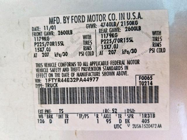 1FTYR44E32PA44977 - 2002 FORD RANGER SUP SILVER photo 10