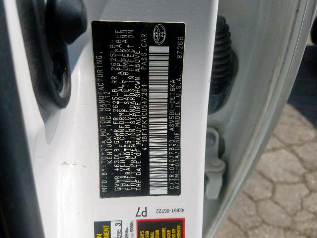 4T1BF1FK1CU547261 - 2012 TOYOTA CAMRY BASE WHITE photo 10