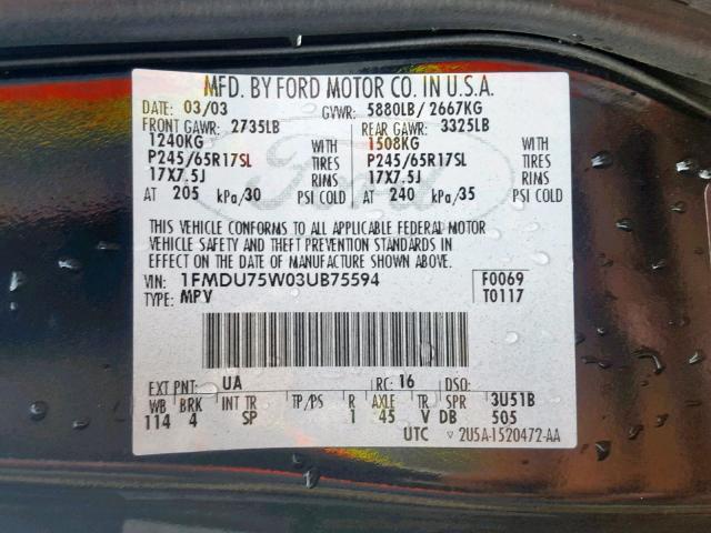 1FMDU75W03UB75594 - 2003 FORD EXPLORER L BLACK photo 10