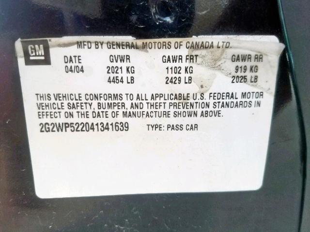 2G2WP522041341639 - 2004 PONTIAC GRAND PRIX BLACK photo 10