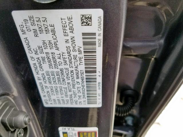 2HKRW2H87KH651501 - 2019 HONDA CR-V EXL GRAY photo 10