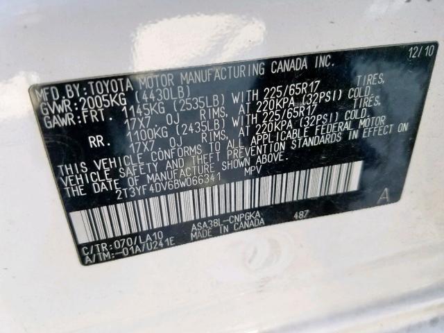 2T3YF4DV6BW066341 - 2011 TOYOTA RAV4 LIMIT WHITE photo 10