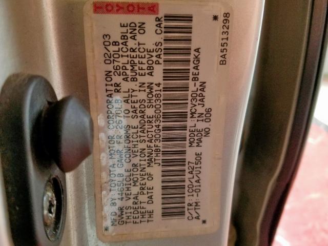 JTHBF30G436003814 - 2003 LEXUS ES 300 GRAY photo 10