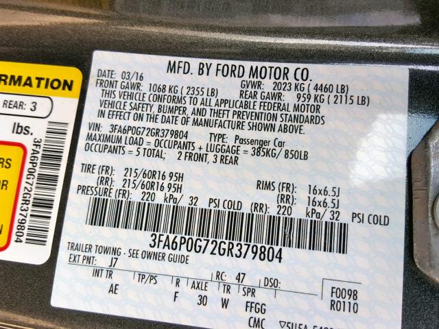 3FA6P0G72GR379804 - 2016 FORD FUSION S GRAY photo 10