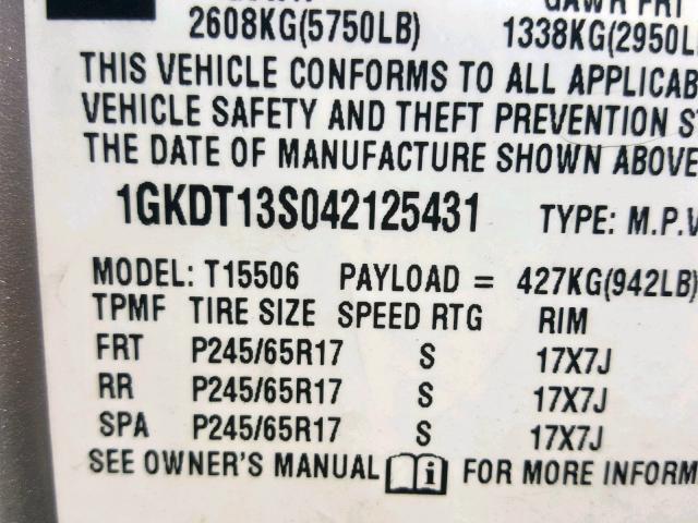 1GKDT13S042125431 - 2004 GMC ENVOY SILVER photo 10