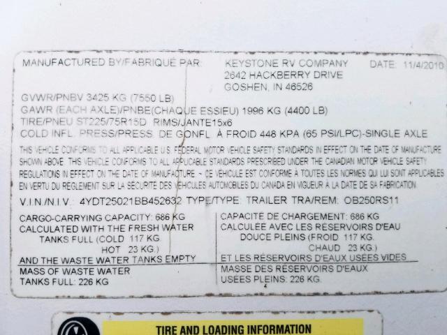 4YDT25021BB452632 - 2011 KEYSTONE OUTBACK WHITE photo 10