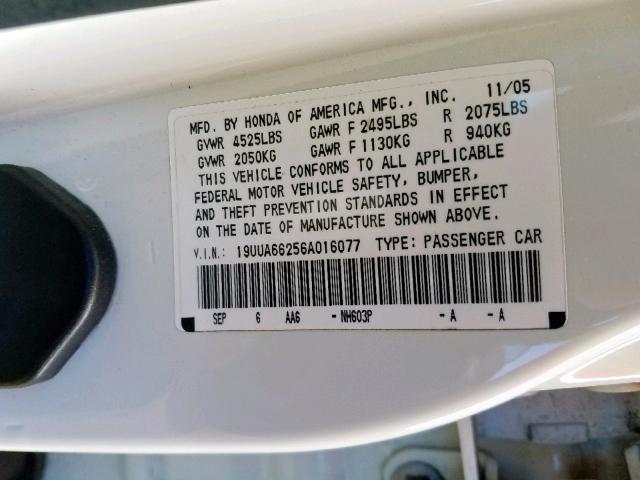 19UUA66256A016077 - 2006 ACURA 3.2TL WHITE photo 10