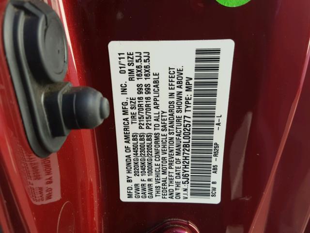 5J6YH2H72BL002577 - 2011 HONDA ELEMENT EX BURGUNDY photo 10