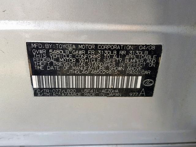 JTHGL46F485029815 - 2008 LEXUS LS 460L SILVER photo 10