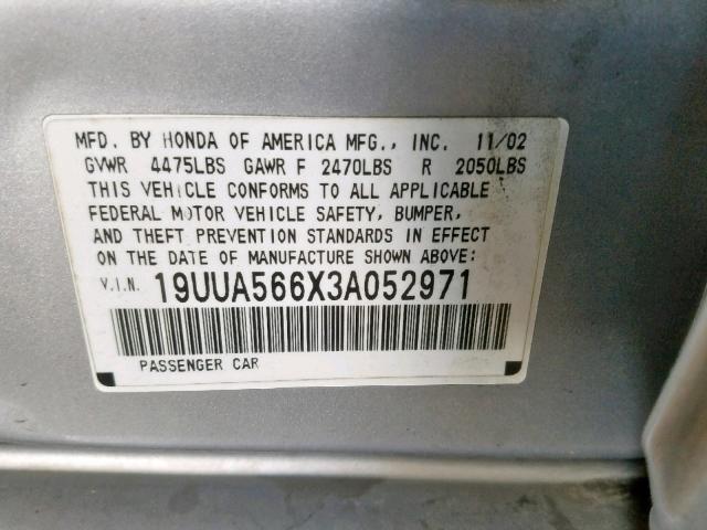 19UUA566X3A052971 - 2003 ACURA 3.2TL GRAY photo 10