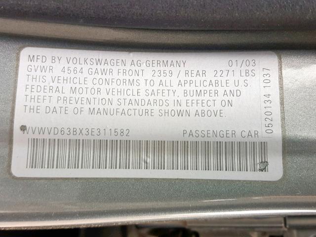 WVWVD63BX3E311582 - 2003 VOLKSWAGEN PASSAT GLS GRAY photo 10