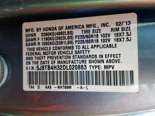 5J8TB4H32DL020883 - 2013 ACURA RDX GRAY photo 10