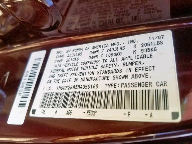 1HGCP26858A050160 - 2008 HONDA ACCORD EXL RED photo 10