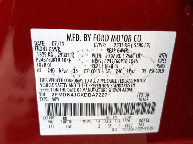 2FMDK4JCXDBA72271 - 2013 FORD EDGE SEL RED photo 10