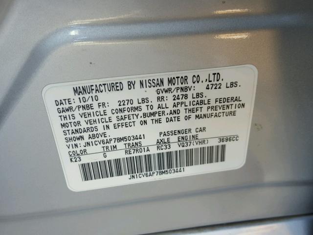 JN1CV6AP7BM503441 - 2011 INFINITI G37 BASE SILVER photo 10